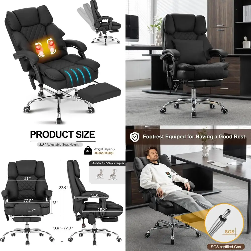 Ergonomic Reclining Massage Chair with Heated Seat and Footrest, 90-135° Tilt, Executive Office Desk Chair for Comfort