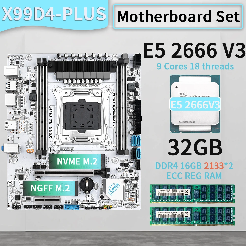 RAM X99 D4 Motherboard Set E5 2666 V3 2011 v3 Processor LGA 2011-3 Kit with 2X16=32GB DDR4 ECC RAM Support NVME M.2