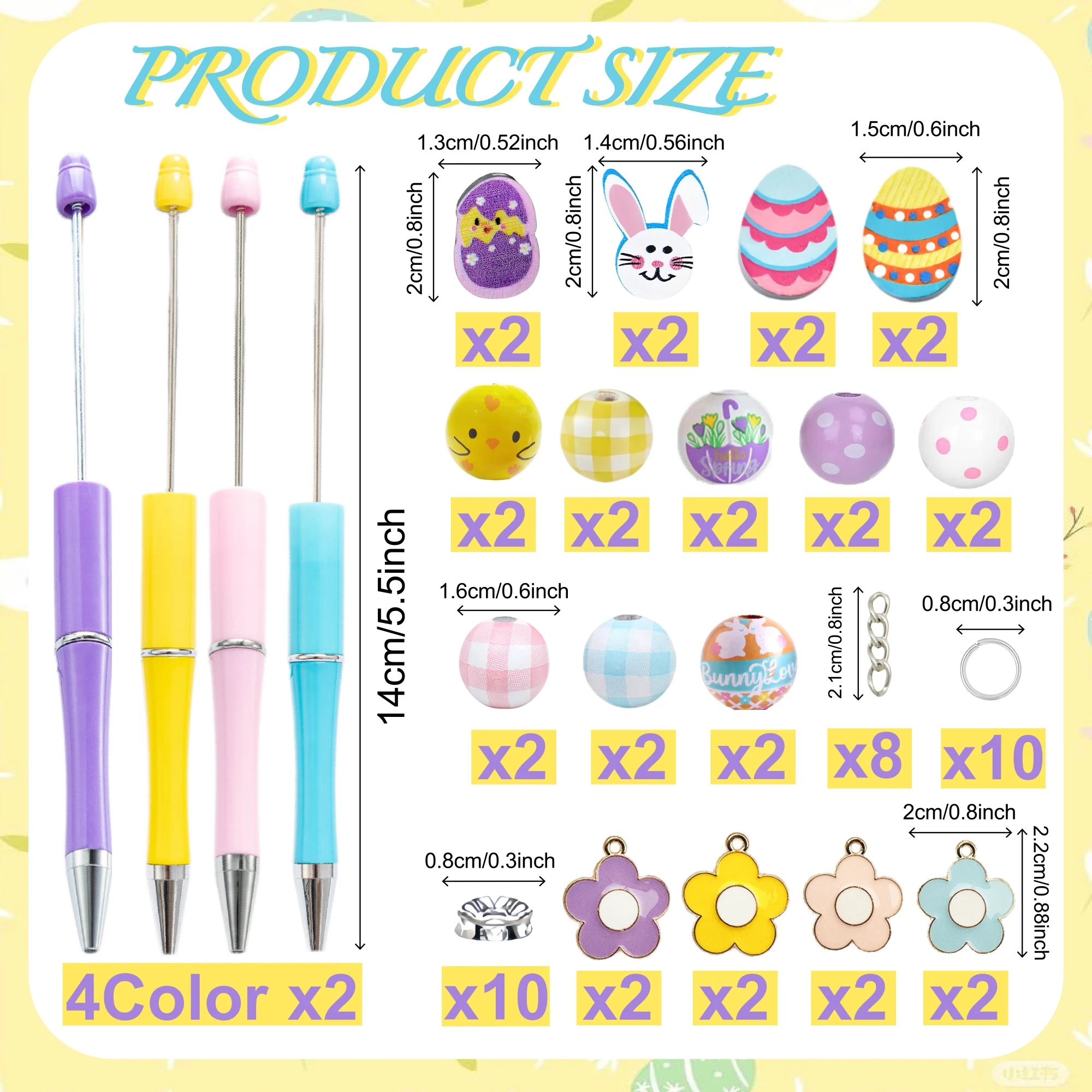 8PCS New Colorful Easter Bunny Broken Egg Chicken Easter Egg Theme DIY Beaded Ballpoint Pen&Wooden Bead Set，Office&Study Supply