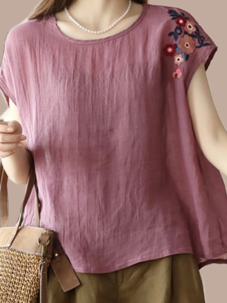 Linen Svel irt Women Summer Thin Japanese Sle Retro Heavy Embroidery Loose round Ne Cotton Linen Vest Top