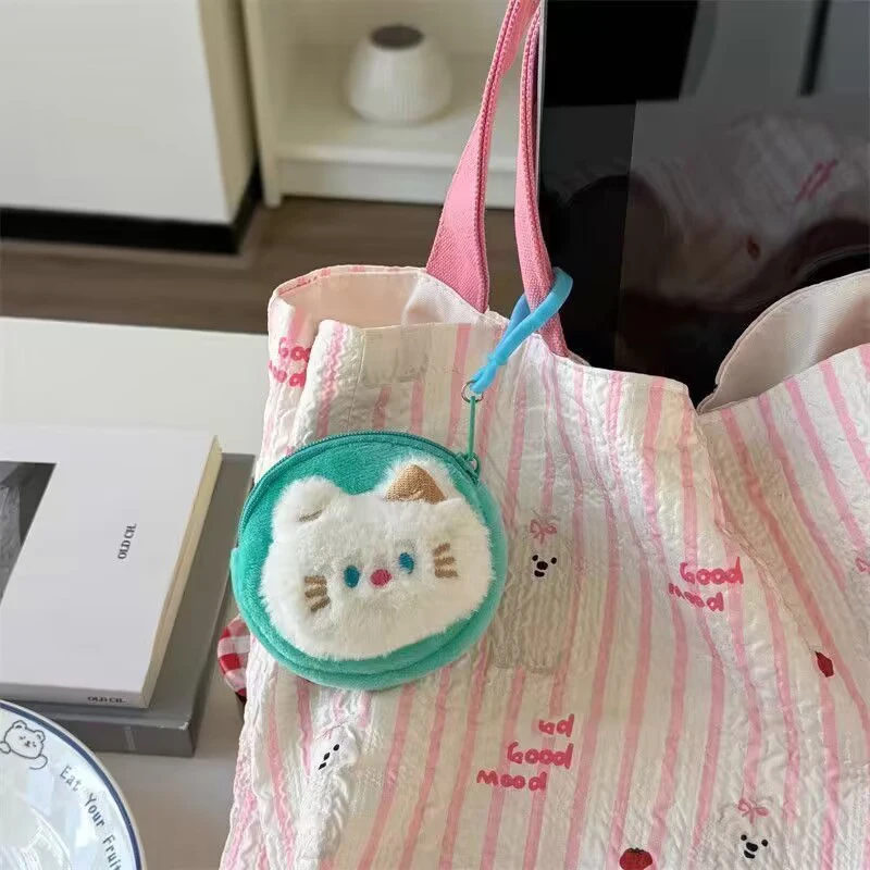 Plush Blue Eye Cat Coin Purse Cute Women's Zipper Wallet Earphone Storage Bag Keychain Pendant