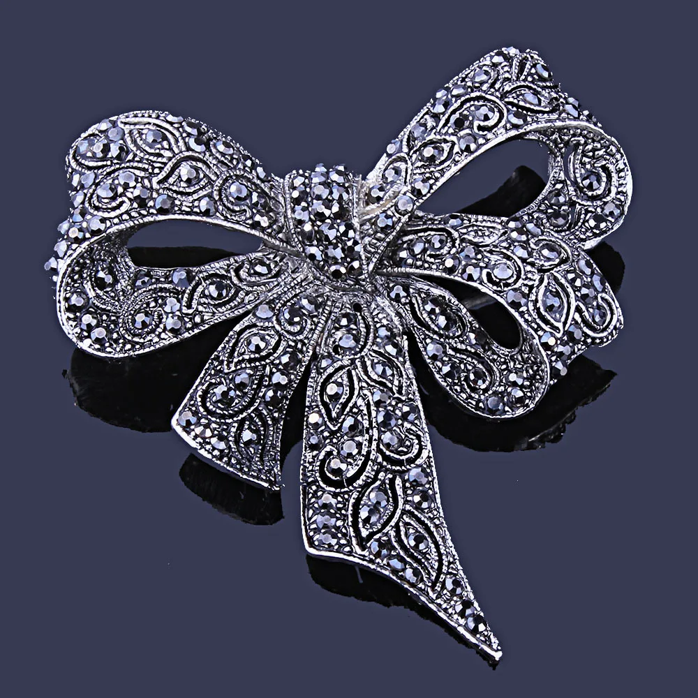 TRPOPSYN Blue Rhinestone Bowknot Brooches For Women Vitage Metal Flower Weddings Party Office Brooch Pins Gifts