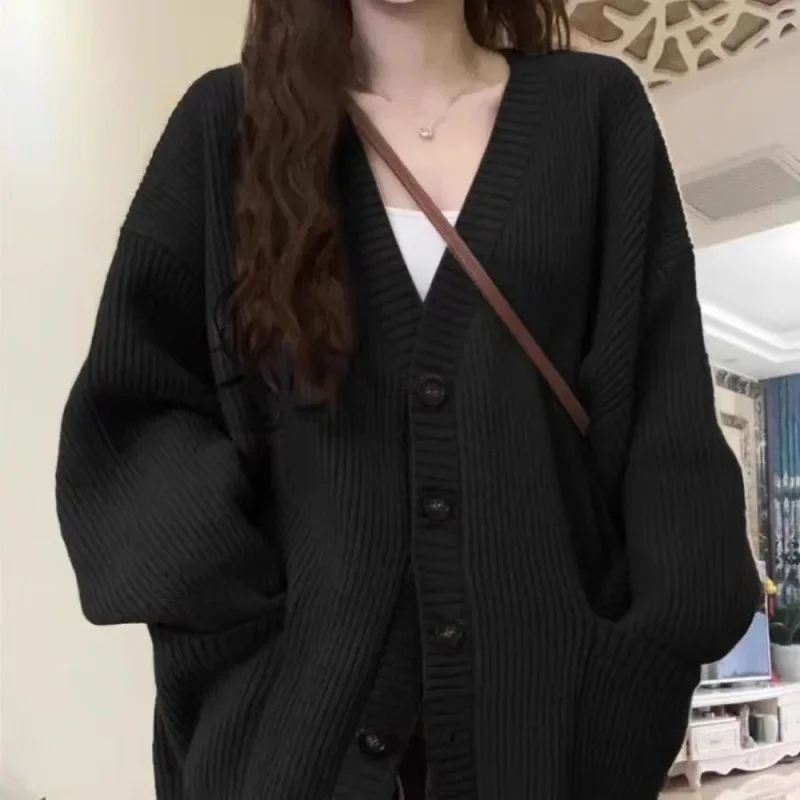2024 New Preppy Style Women's Knit Sweater Cardigan Loose Fit V-neck Versatile Solid Color Korean Version Pullovers