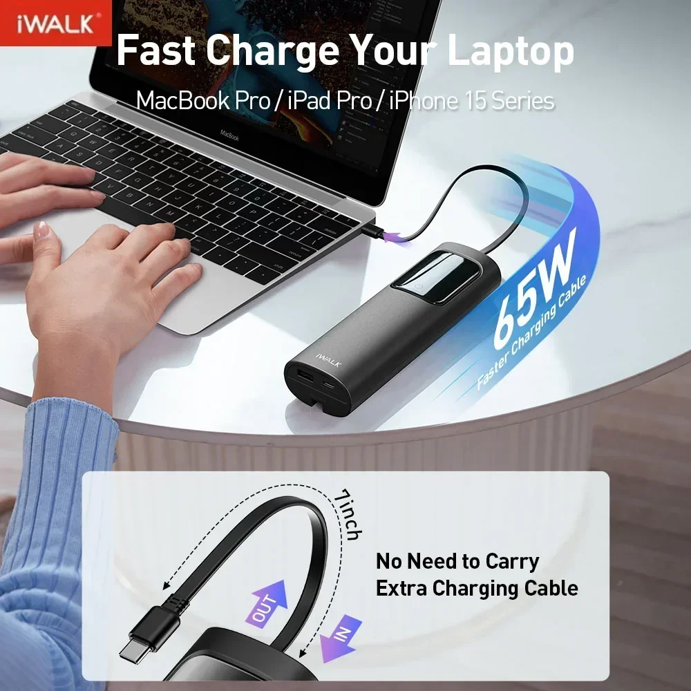 iWALK Laptop Power Bank, 20000mAh 65W 3-Output Portable Charger with Built-in USB-C Cable, PD QC Fast Charging External Battery