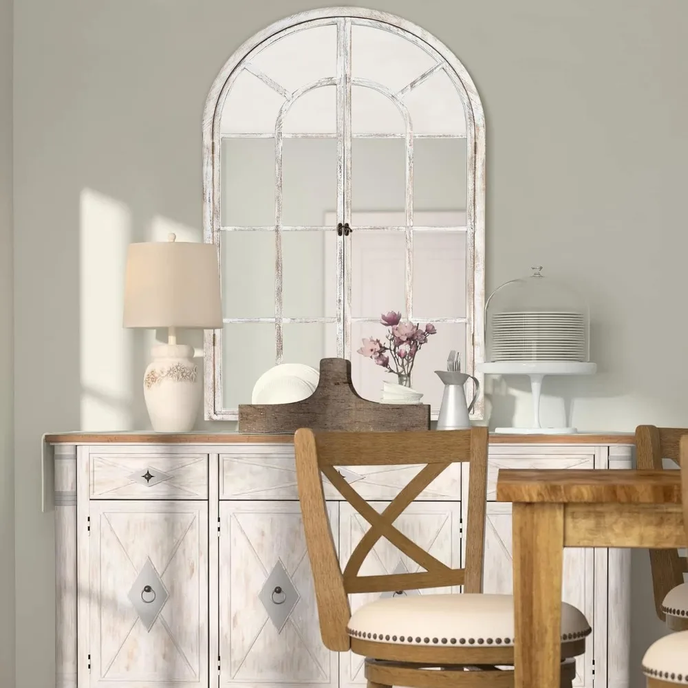 Gewölbter Fensterspiegel im Bauernhausstil, 36 x 24 – dekorativer Wandspiegel mit Holzrahmen für die Inneneinrichtung