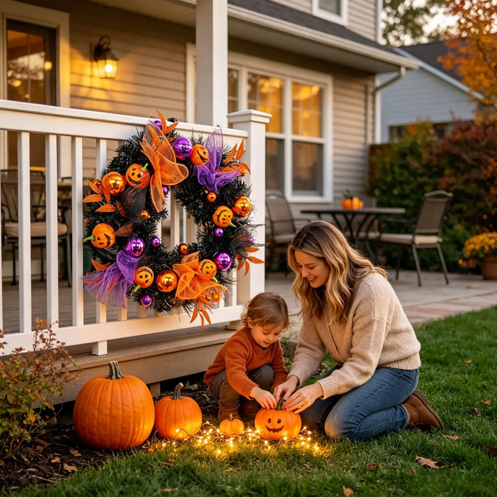 Gothic Wreath 19.69 Inch Indoor Outdoor Ornament Halloween Pumpkin Ball Wreath For Holiday Farmhouse Harvest Window Wall Home