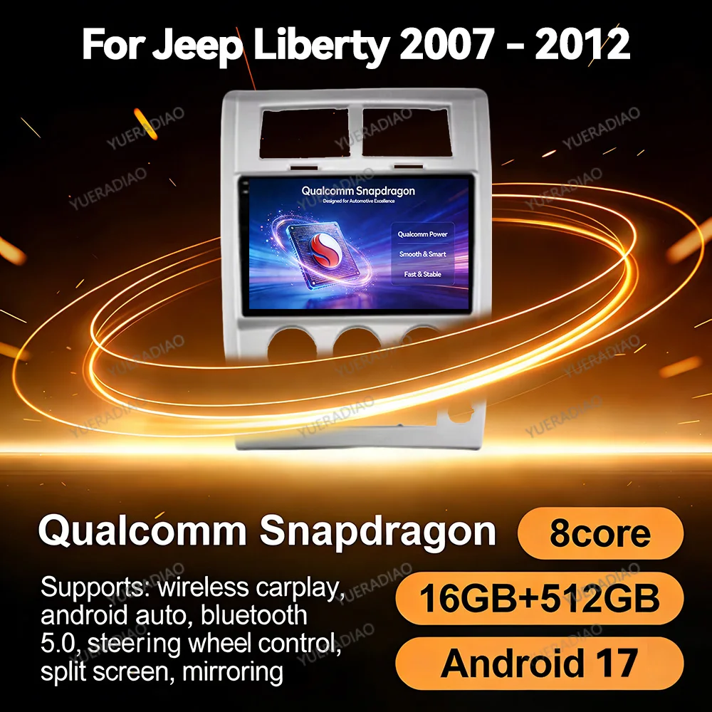 Android 17 Car Radio For Jeep Cherokee Liberty KK 2007 - 2012 Autoradio Carplay Multimedia Central BT Touch Screen 2K QLED DVD