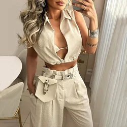 Spring Summer Women Pants Set Solid Turn Down Collar Sexy Sleeveless Top and Wide Leg Pants Suit with Vest Long Pants Casual 2ps