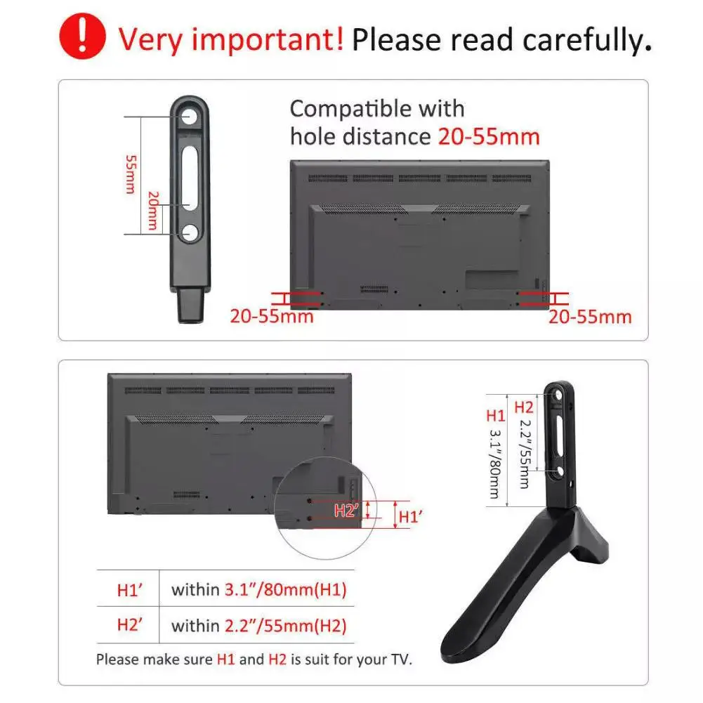 حامل تلفزيون على الطاولة لشاشة LCD LED بلازما مسطحة، حامل أرجل تلفزيون، قاعدة تلفزيون قابلة للتعديل، لا يتطلب ثقب ثلاثي القوائم