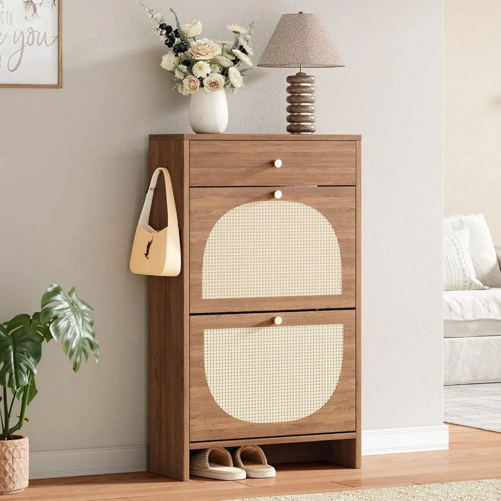 

Shoe Storage with Flip Drawers Drawer, Freestanding Fluted Accent Narrow Shoe Rack, Adjustable Shelves for Hallway Foyer Rustic