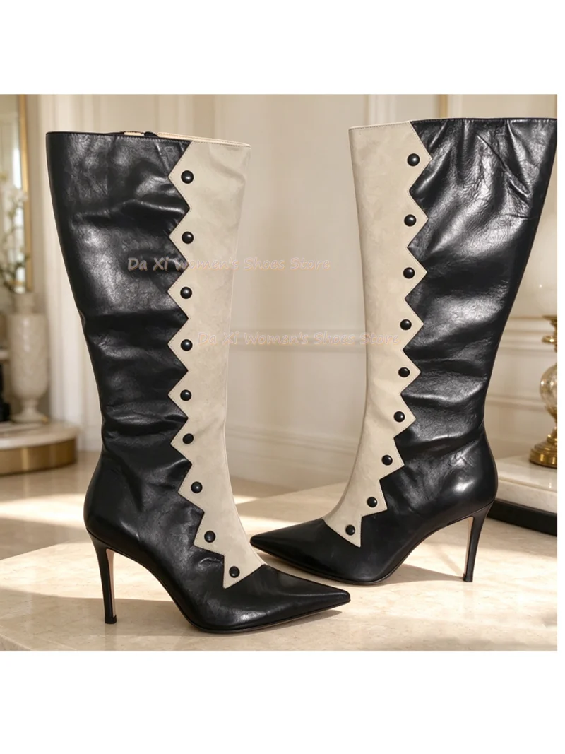 Black And White Color-Blocking Knee-High Boots Serrated Edge / Sawtooth Rivet Decorate Pointed Tip Stiletto Heels Retro Boots