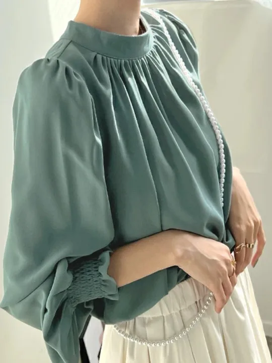 

Весенняя женская блузка с круглым вырезом в стиле Дондэмун, элегантная, для повседневной носки, с длинными рукавами-фонариками, из шифона, солнцезащитная, из полиэфирного волокна