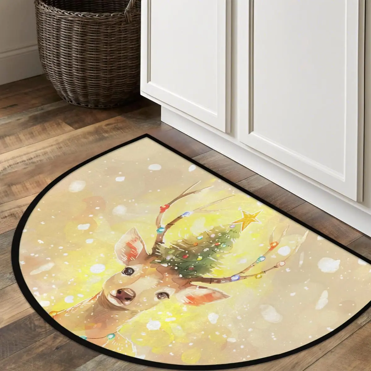 VIKAMA Christmas Elk Half Round Door Mat, Non-Slip Entrance Welcome Mat for Indoor Semi Circle Bathroom Floor Mat for Home Decor