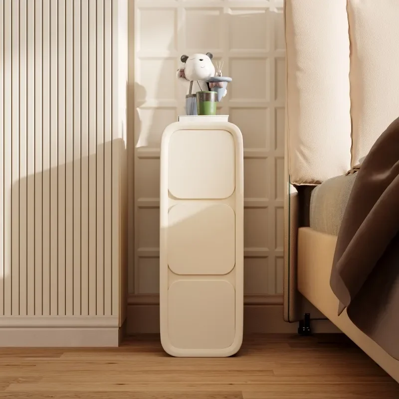 Wood Nightstand Cream Style Ultra Narrow Bedside Table Tight Space Small Bedroom Minimalist Luxury Storage Cabinet