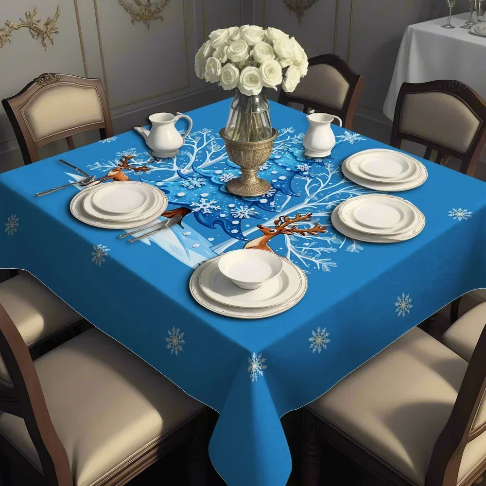 JIT 1PC Advanced 2D Printing Square Tablecloth - Blue Background, Christmas Reindeer Theme.yzb