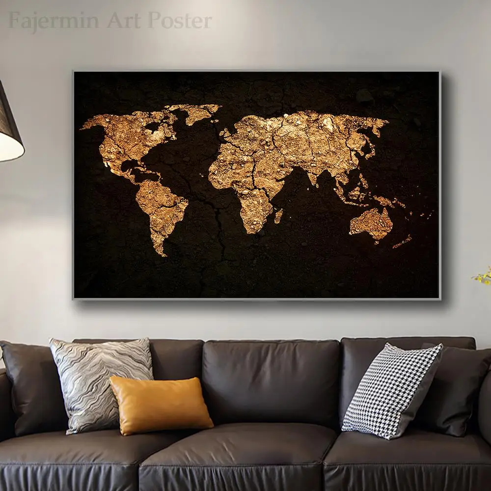 

Black Golden World Map Artwork Canvas Paintings Prints Nordic Scandinavian Aesthetic Wall Art Poster Pictures Home Decor