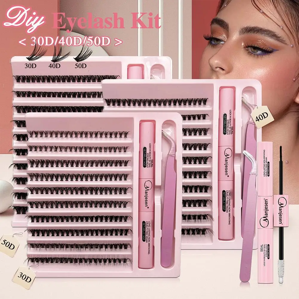 30D/40D/50D Cluster Lashes Kit – Lash Bond and Seal, Makeup Tools DIY Lash Extension Set with Glue Accessories and Eyelash Curle
