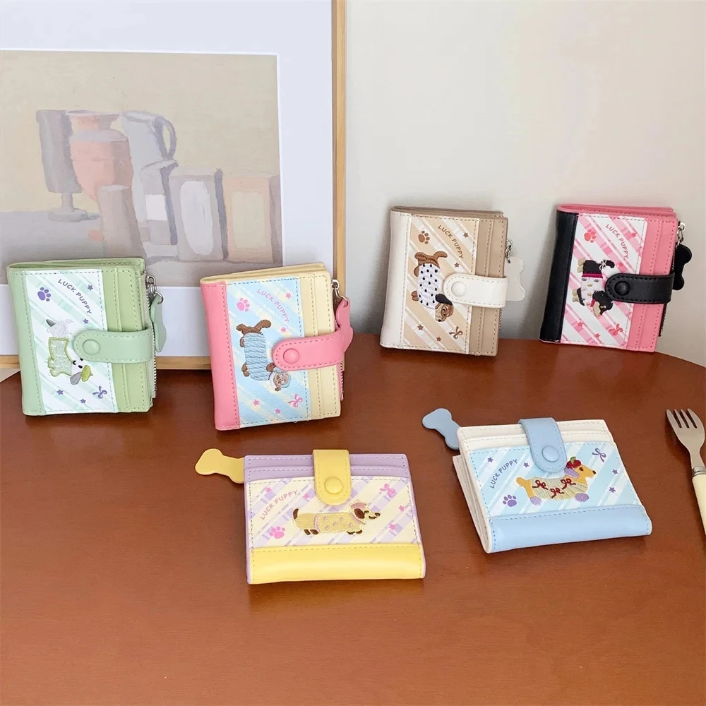 Dompet pendek bordir dachshund gaya Korea warna dopamin, dompet koin anjing kartun, tas kecil berbahan PU dengan resleting untuk wanita dan perempuan