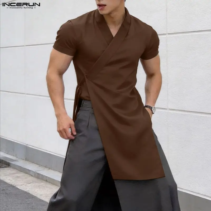 INCERUN Men's Irregular Shirt Solid V Neck Short Sleeve Lace Up Men Clothes Summer Streetwear Casual Tops 2026 Shirts For Man
