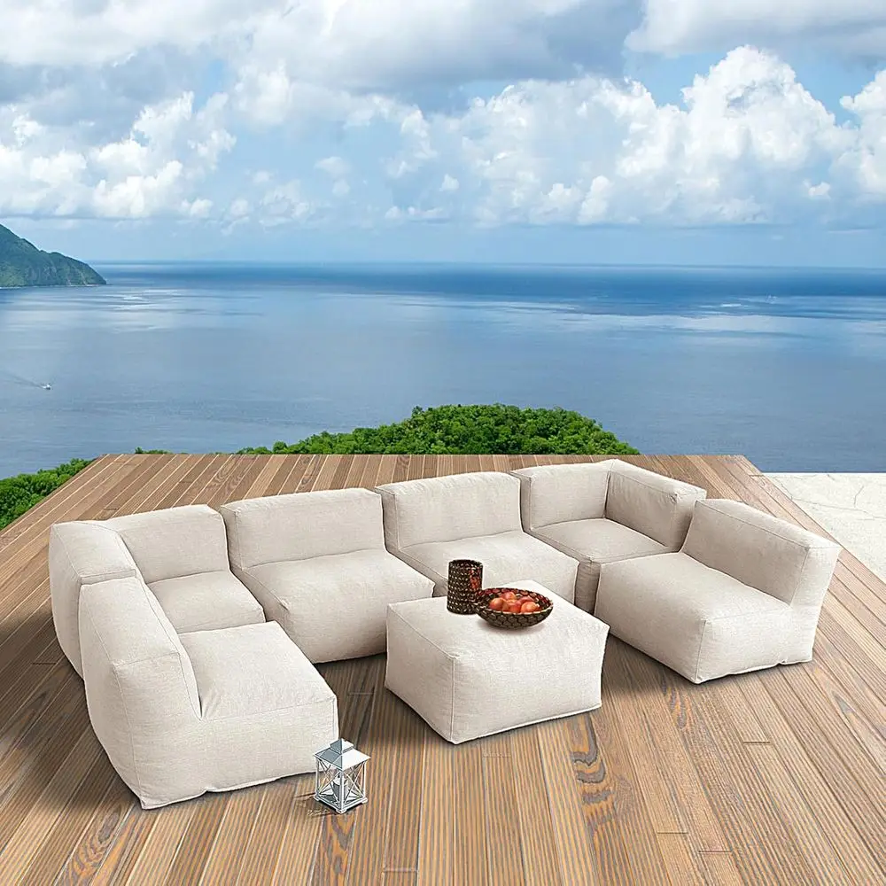 

7-Piece Outdoor Patio Sectional Furniture Set with 4 Chairs, 2 Ottomans - Light Beige Contemporary Sofa