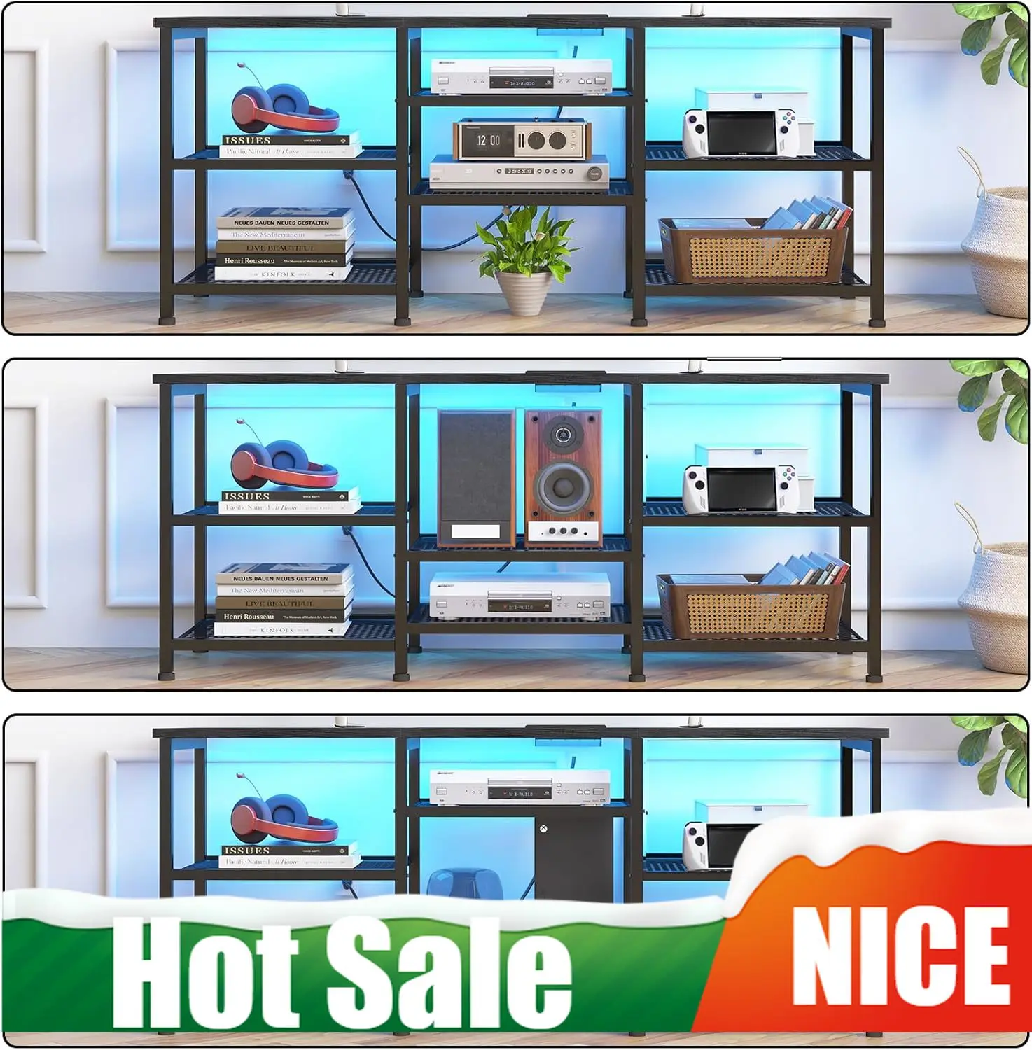 

Подставка для телевизора 55 дюймов, развлекательный центр с подвижными полками, розеткой и светодиодной подсветкой, открытые полки для хранения, TV M