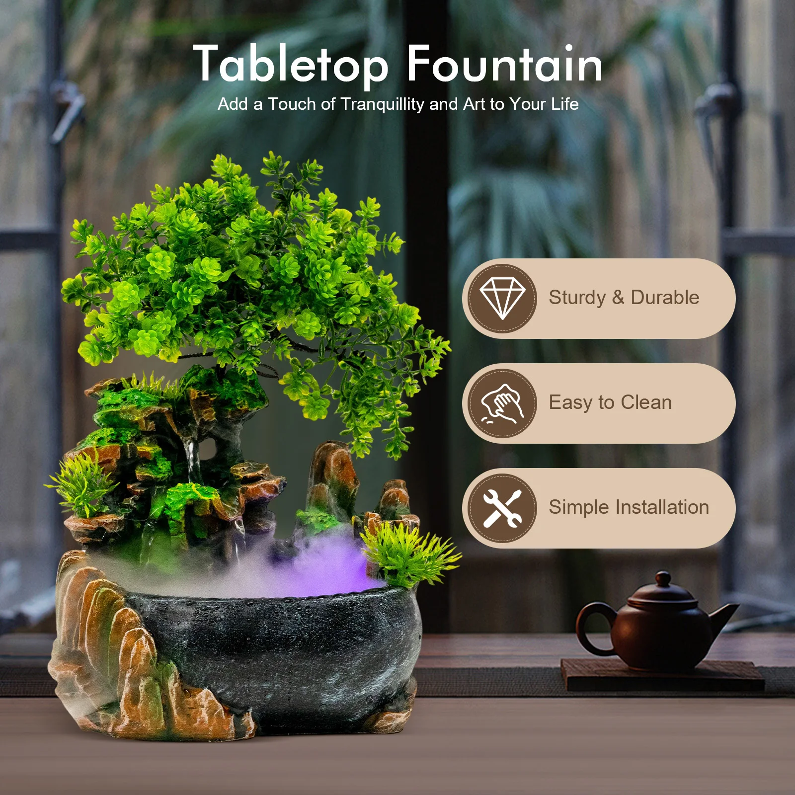 Indoor Tabletop Fountain with LED Lights Mist for Home Office Desk Meditation Relaxation Stress Relief Decor Quiet Water Feature