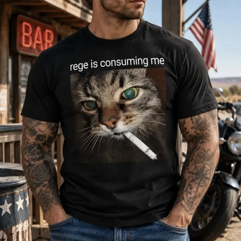Rege Is Consuming Me Funny Smoking Cat Meme Mens Graphic T Shirt Crew Neck Short Sleeve Casual Humor Novelty Tee Streetwear Top Gift For Men Back To School Halloween Birthday Gift