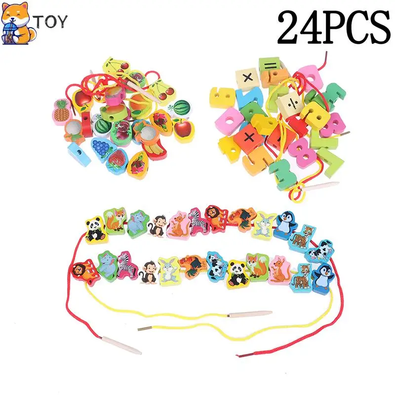 Wooden Toys Baby DIY Toy Cartoon Fruit Animal Arithmetic Stringing Threading Wood Beads Toy Educational for Children