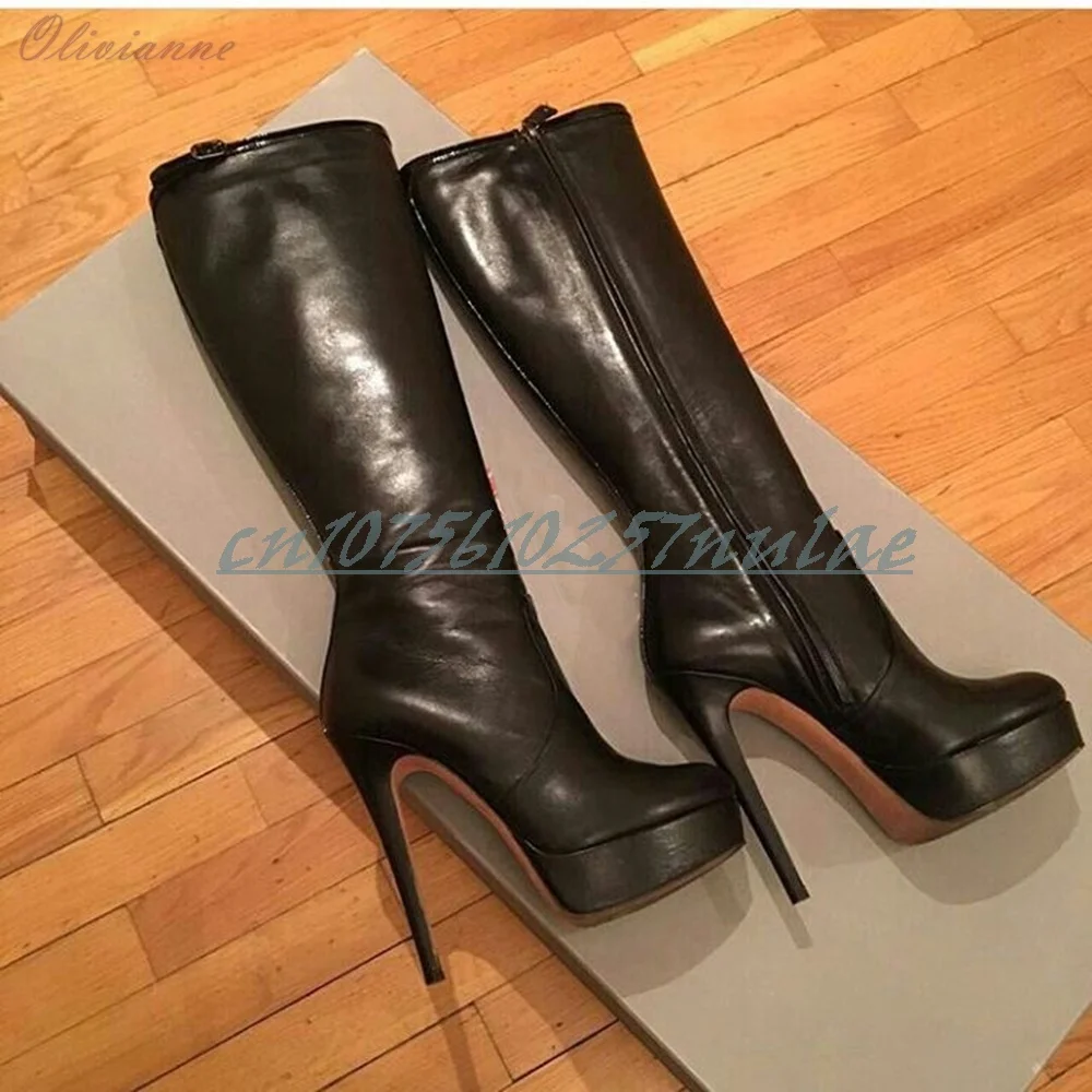 

Black Concise Style Mid Calf Boots Low Platform Matte Leather Stiletto High Heel Party Side Zipper Women Shoes 2025 Para Mujere