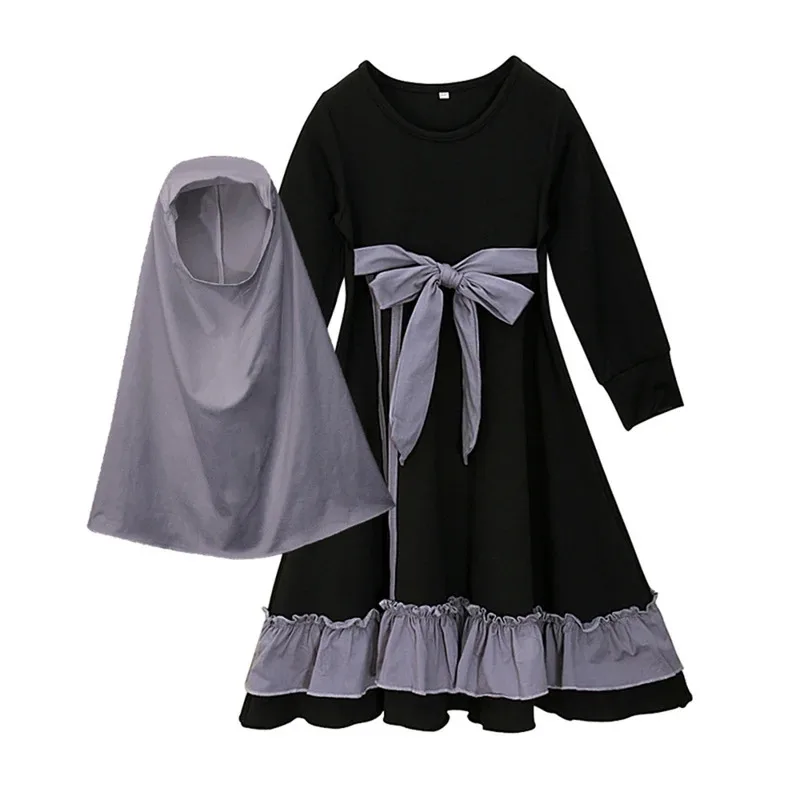 2pcs Set Muslim Prayer Dress Abaya for Girls Baby Kids 1-10Y Islamic Burka Jilbab Contrast Color Front or Back Lace-up Elegant