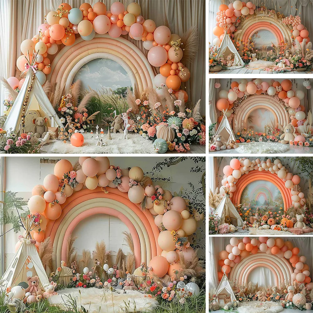 Boho Bambi Girl Baby Show Background Arch Rainbow Balloon Door Tent Backdrop Decor Forest Picnic Birthday Party Studio Photozone