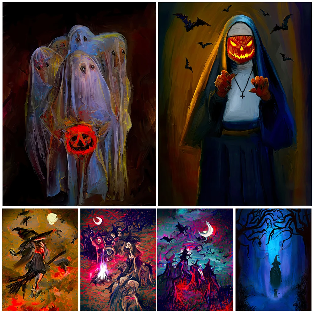 Pumpkin Nun And Bat Wizard Cat Pagan Art Poster Print Abstract Ghost Witchy Decor Gothic Spooky Room Wall Art Canvas Painting
