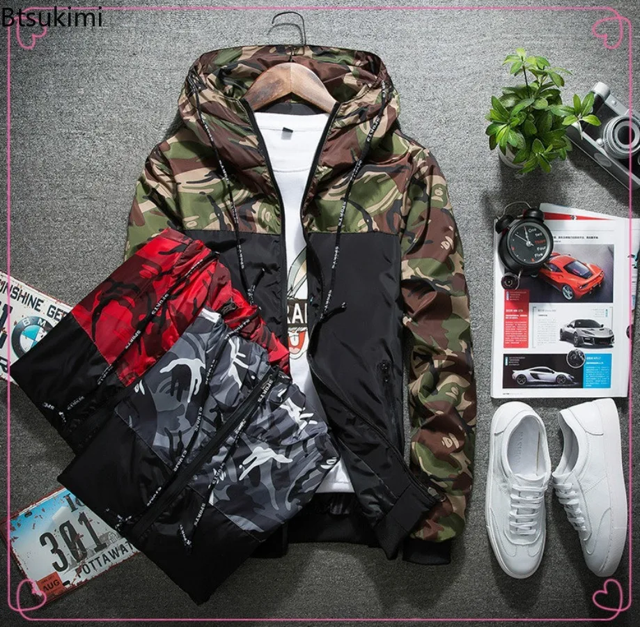 

New Men's Camouflage Hooded Jacket Coat Fashion Patchwork Loose Casual Thin Coats Outdoor Windproof Hoodies Sport Jacket for Men