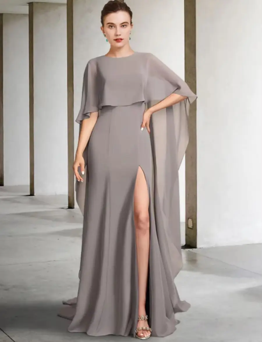 

Party Dress For Mother Of The Bride Jewel Neck Half Sleeves A-Line Split Front Wedding Guest Dresses