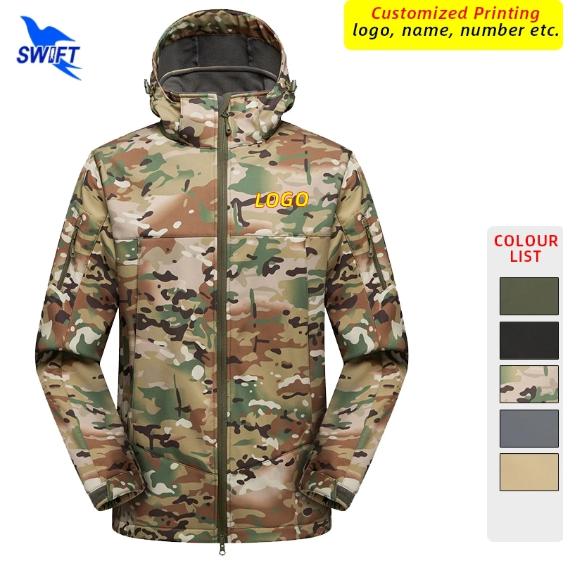 

Customize LOGO Softshell Jackets Men Windproof Waterproof Outdoor Tactical Army Combat Coat Camo Hooded Fishing Climbing Tops