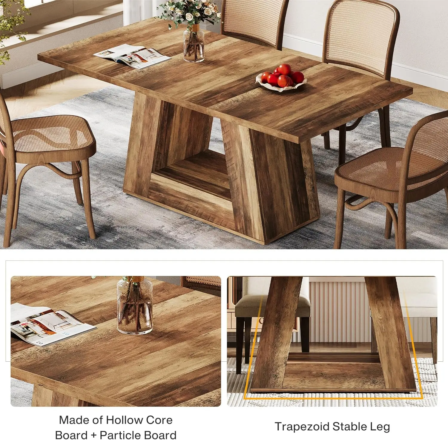 Dining Table for 4 to 6 People, 63" Farmhouse Dining Room Table, Rectangular Wooden Dinner Table with Sturdy Base for Kitchen, L