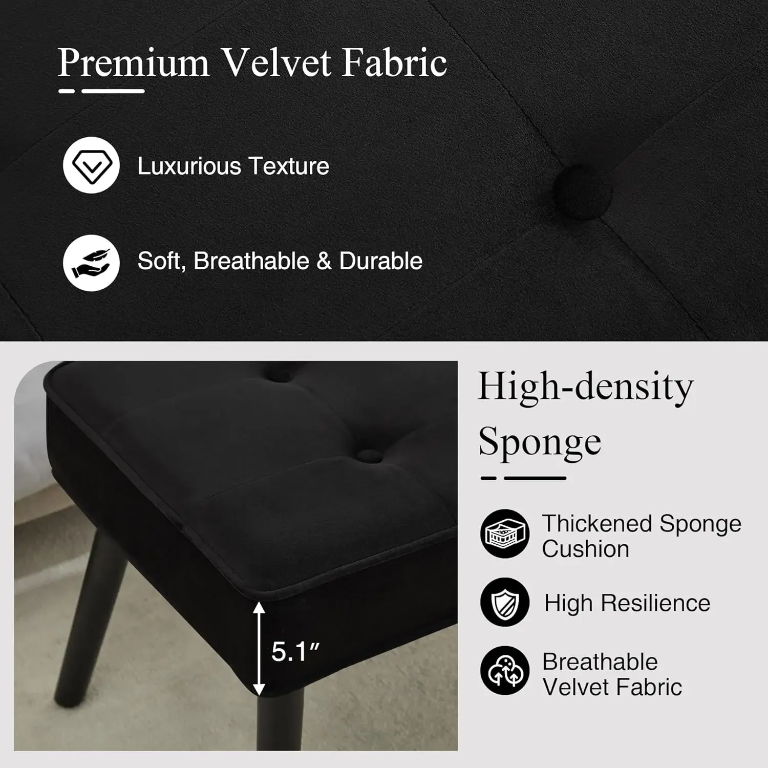 モダンなベルベット張りボタン留めベンチ、無垢材の脚付き - 快適な玄関やベッドエンド用オットマン、スタイリッシュなご自宅に