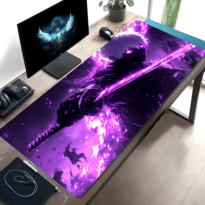 

XXL White Haired Ninja Katana Mouse Pad, Purple Flame Combat Design, Stitched Edges Non-Slip Washable Rubber Desk Mat