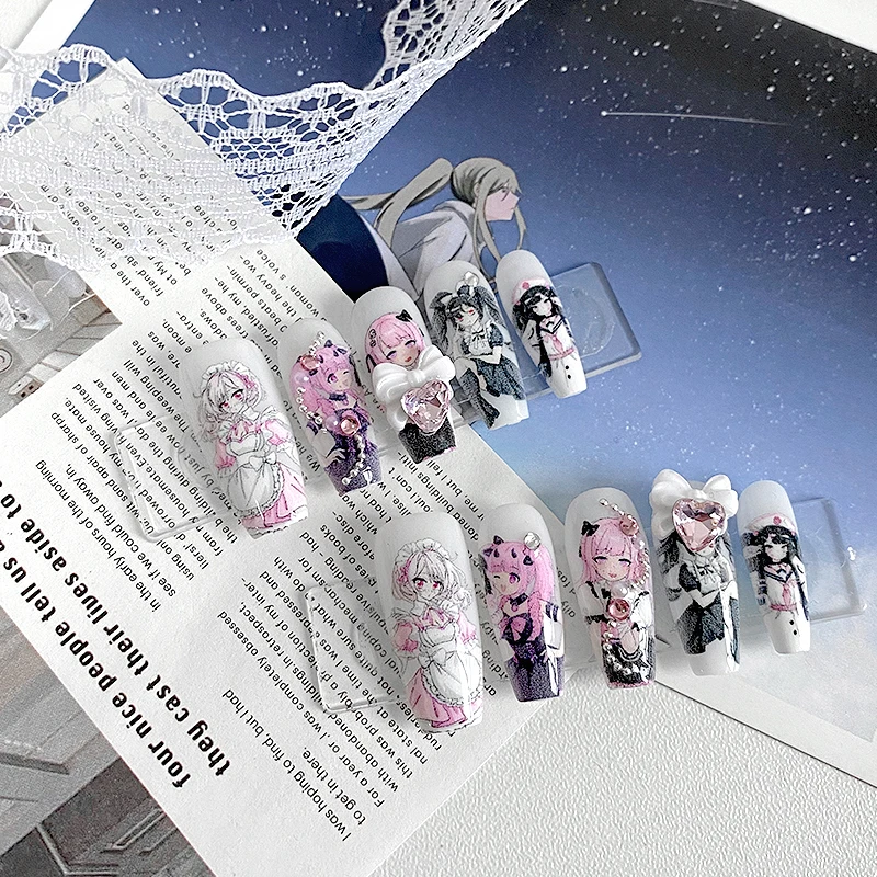 10 Stück handgefertigte, sargförmige Nägel, schöne Kunstnägel, niedliche Anime-Maid-Nagelkunst, Loli-Muster, geeignet für Frauen. – Detail 1