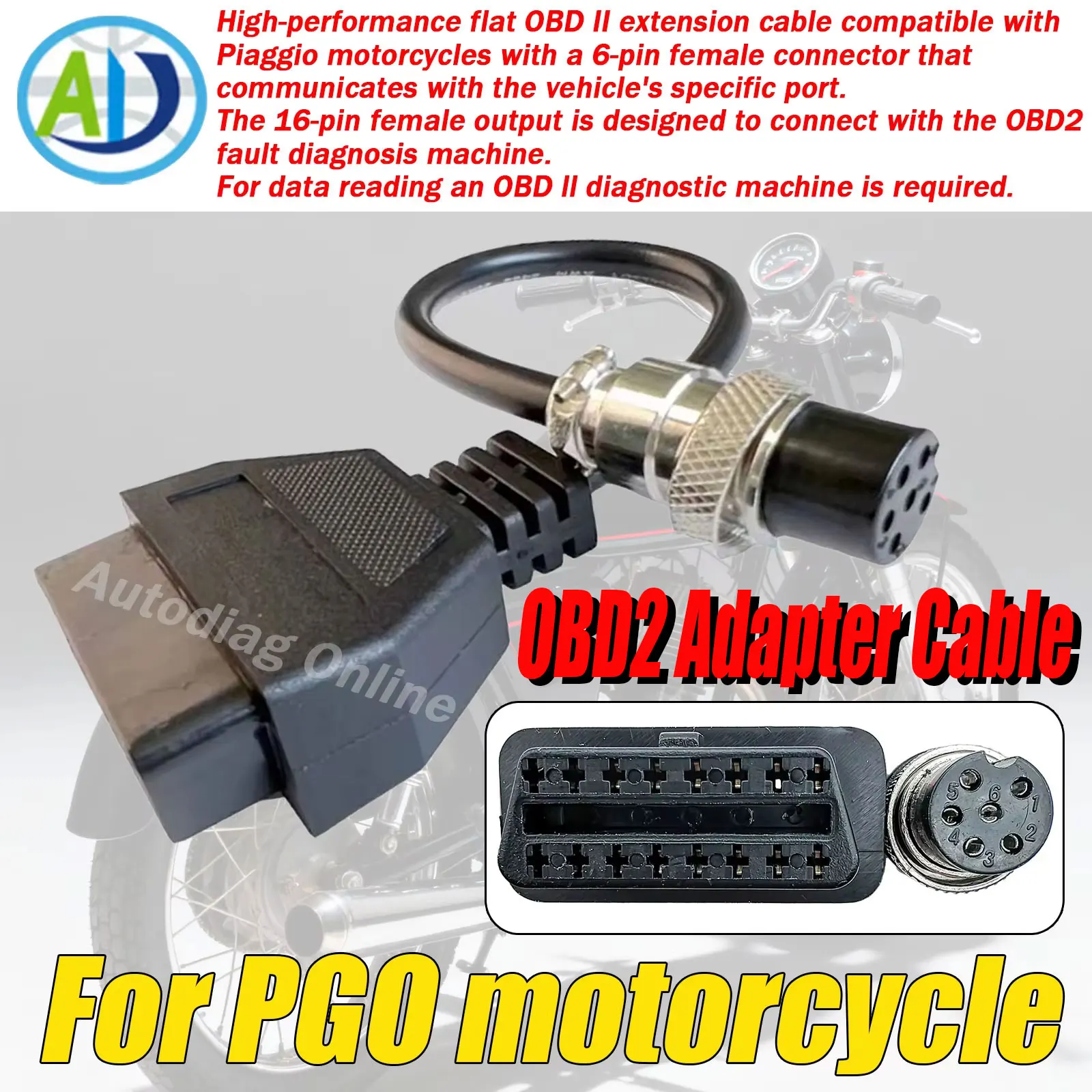 

OBD2 Diagnostic Cable for PGO 6pin to 16Pin OBDII Motorcycle Scanner Connector for PIAGGIO Vehicle Connector OBDII Adapter Cable
