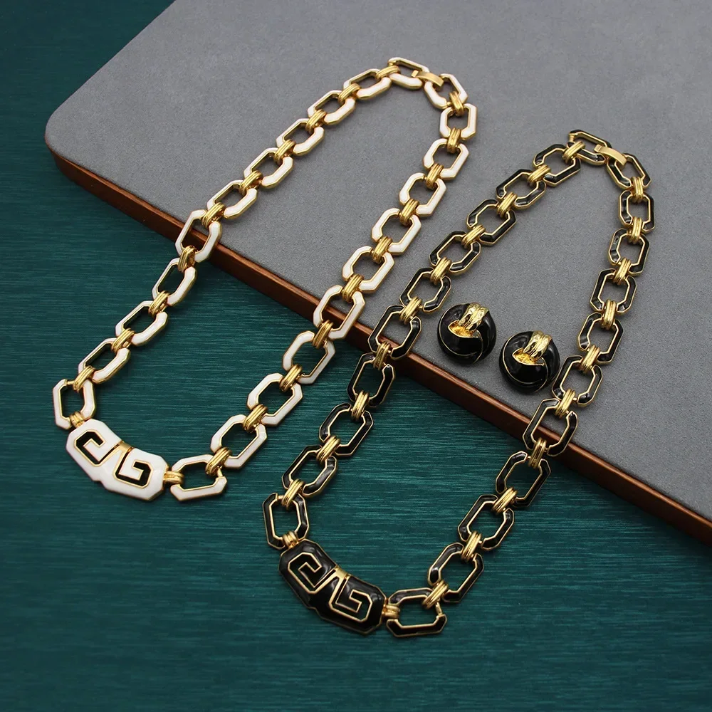 

Black Gold Enamel Vintage Suit and Fur with Jewelry Necklace and Earrings Set