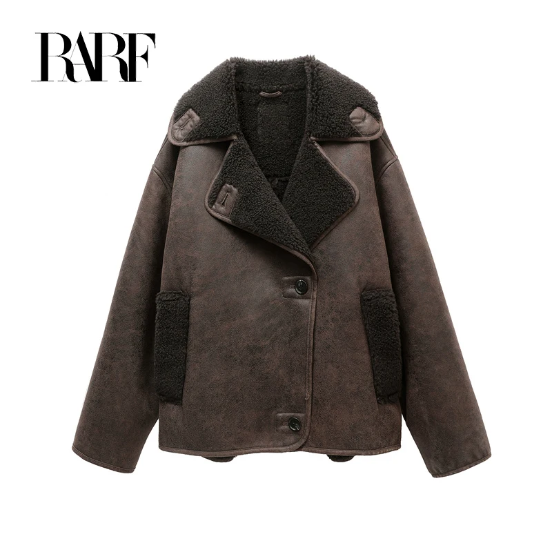 RARF 2024 Women\'s new thick jacket Vintage lapel leather jacket single breasted pocket street warm jacket