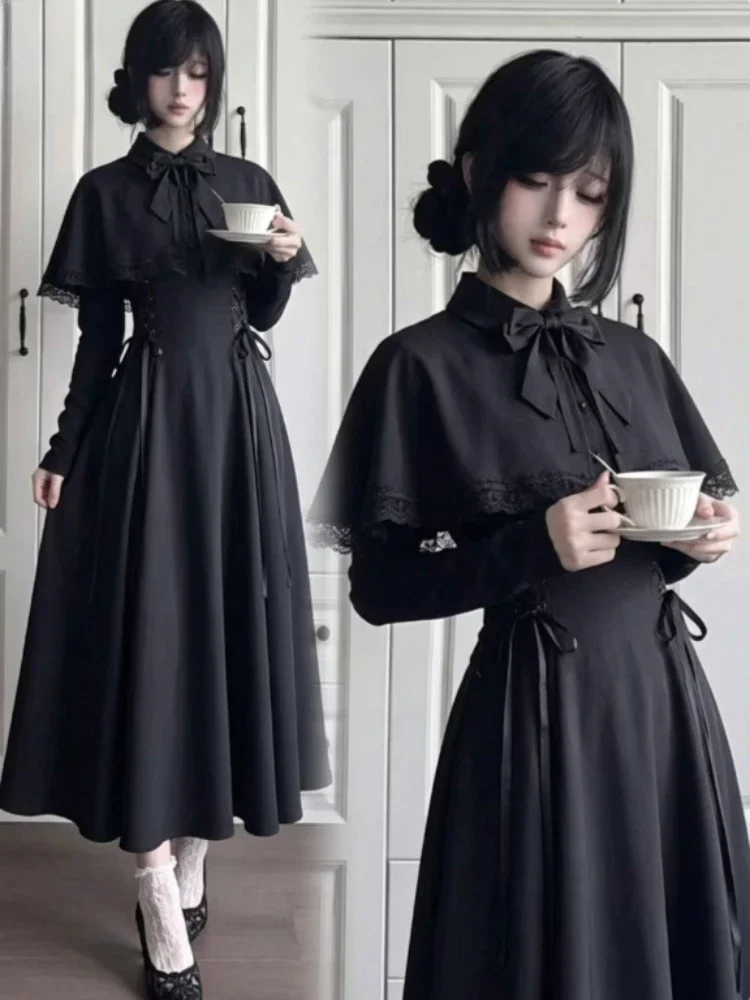 Elegant Gothic Lace Dress for Womens Vintage Lolita Long Sleeve Slim Streetwear Y2K Stylish Evening Party Gathering Outfit - view 5