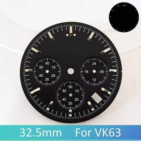 32.5mm For VK63 Dial C3 Green Luminous High-Quality With Calendar Window Suitable For Mineral Crystal Glass Case Watch Accessory