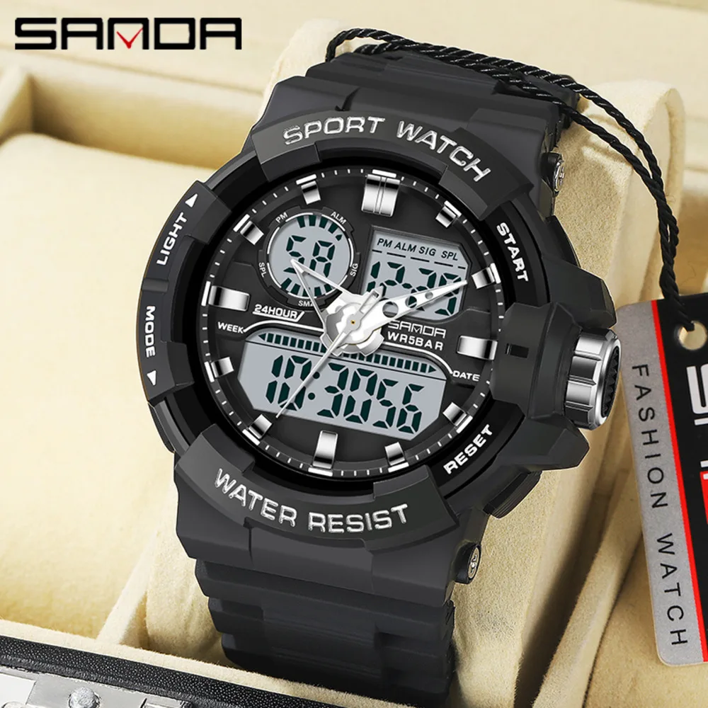 

SANDA Waterproof Luminous Men Watch Stopwatch LED Light Electronic Movement Wristwatch Alarm Clock 2 Time Digital Watches