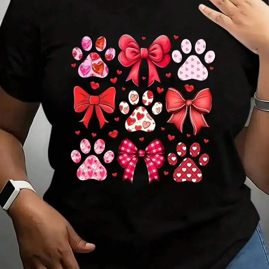 

Womens Plus Size Short Sleeve Round Neck T-Shirt With Paw Print And Bow Pattern For Pet Lovers