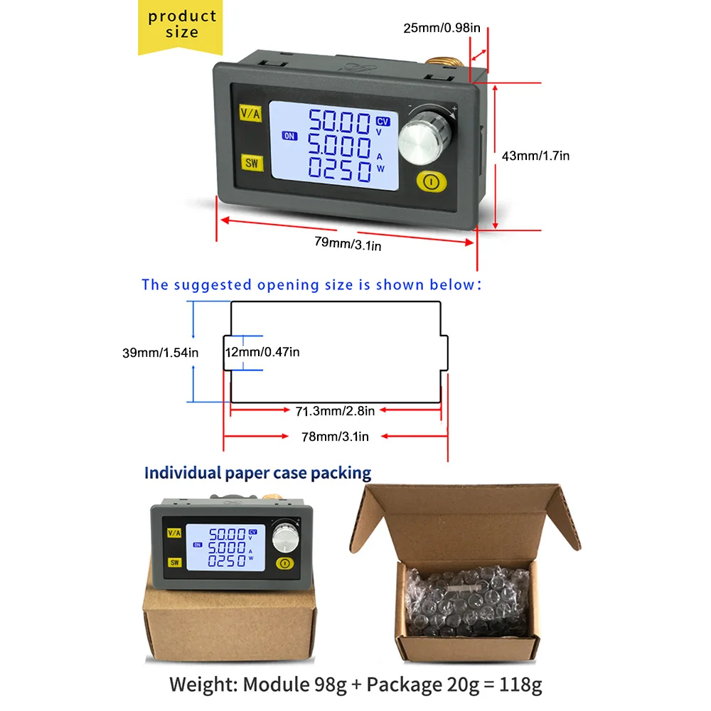 DC 6V-55V auf 0-50V 5A 8A 250W 400W CNC Einstellbarer DC-Spannungsregler CV CC Abwärtswandler-Netzteilmodul XY5005E XY5008E – Detail 7