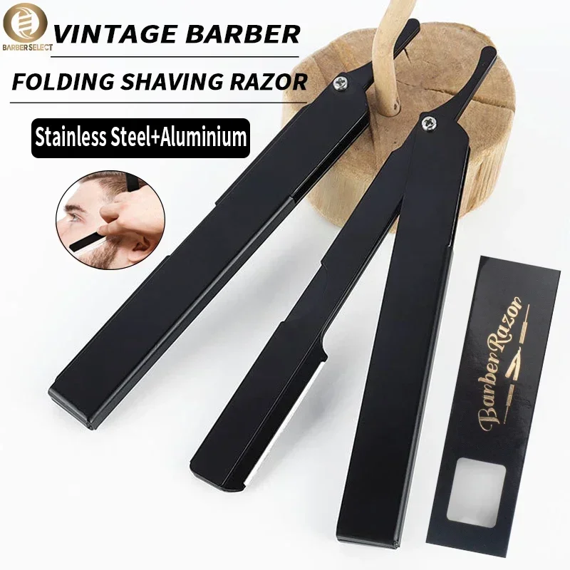 男性用のプロの安全かみそり,折りたたみ式アルミニウム合金かみそり,理髪店の脱毛ツール,ストレート,バービアのナイフホルダー