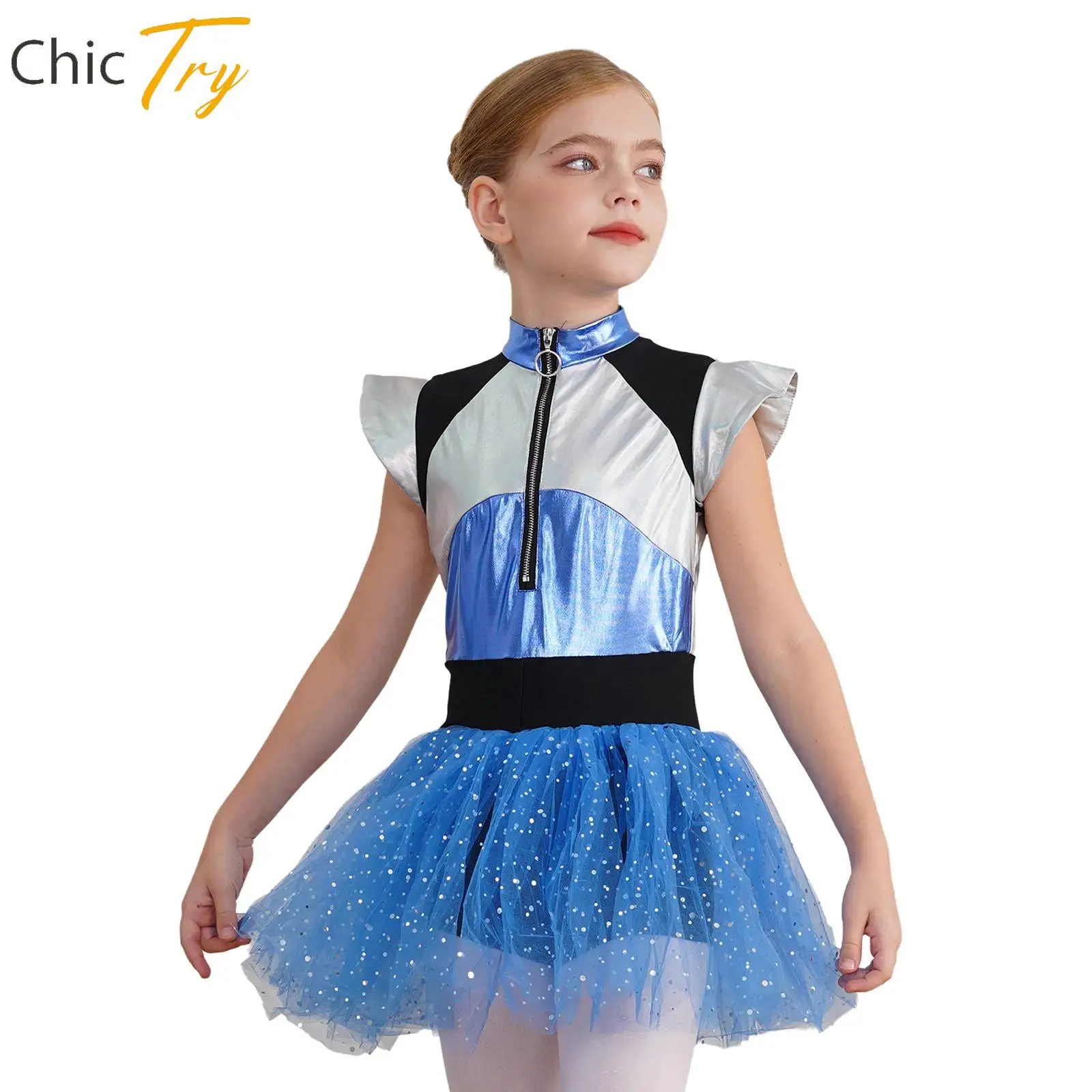 

Girls Alien Dress Cheerleading Dance Festival Halloween Robot Future World Cosplay Costume Shiny Spangles Tutu Leotard Dresses