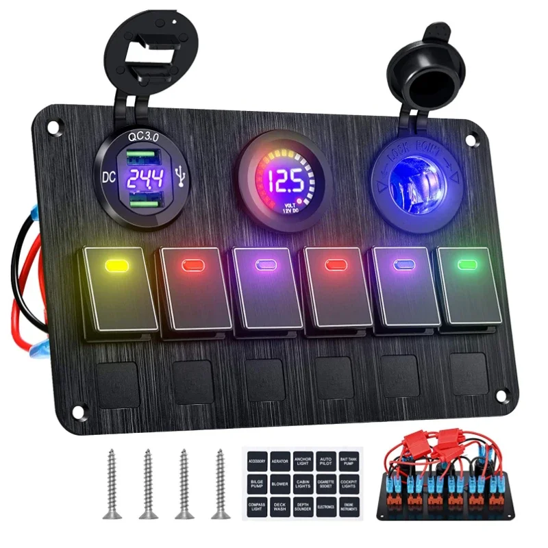 

Waterproof Truck Marine Boat QC3.0 USB Charge Aluminum 6 Gang Boat Rocker Switch 12V Car Marine Switch Panel Led Switch Panel